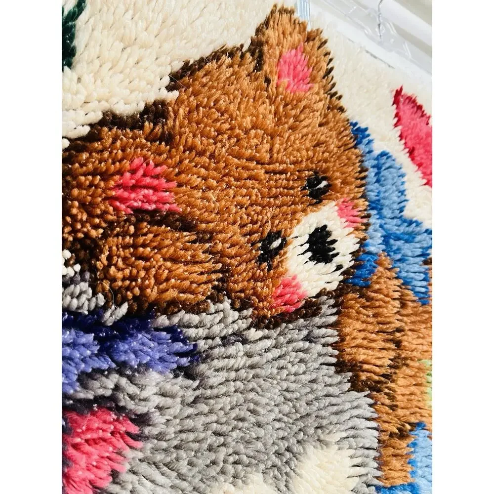 Vintage Latch Hook Rug Wall Hanging Bears Heart Completed Finished #4381 Baby Mo
